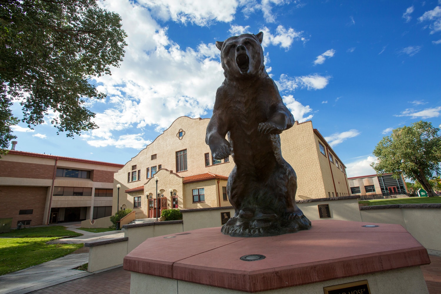 Old Mose Grizzly bear in front of Rex Activity Center Adams State Campus