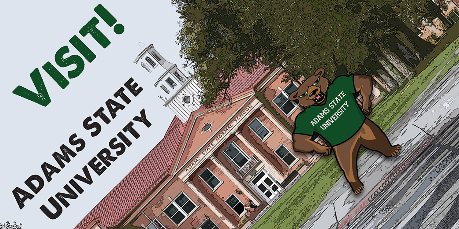 discover day postcard image stylized richardson hall mascot and text visit adams state unviersity
