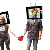 female and male students with heads in televisions