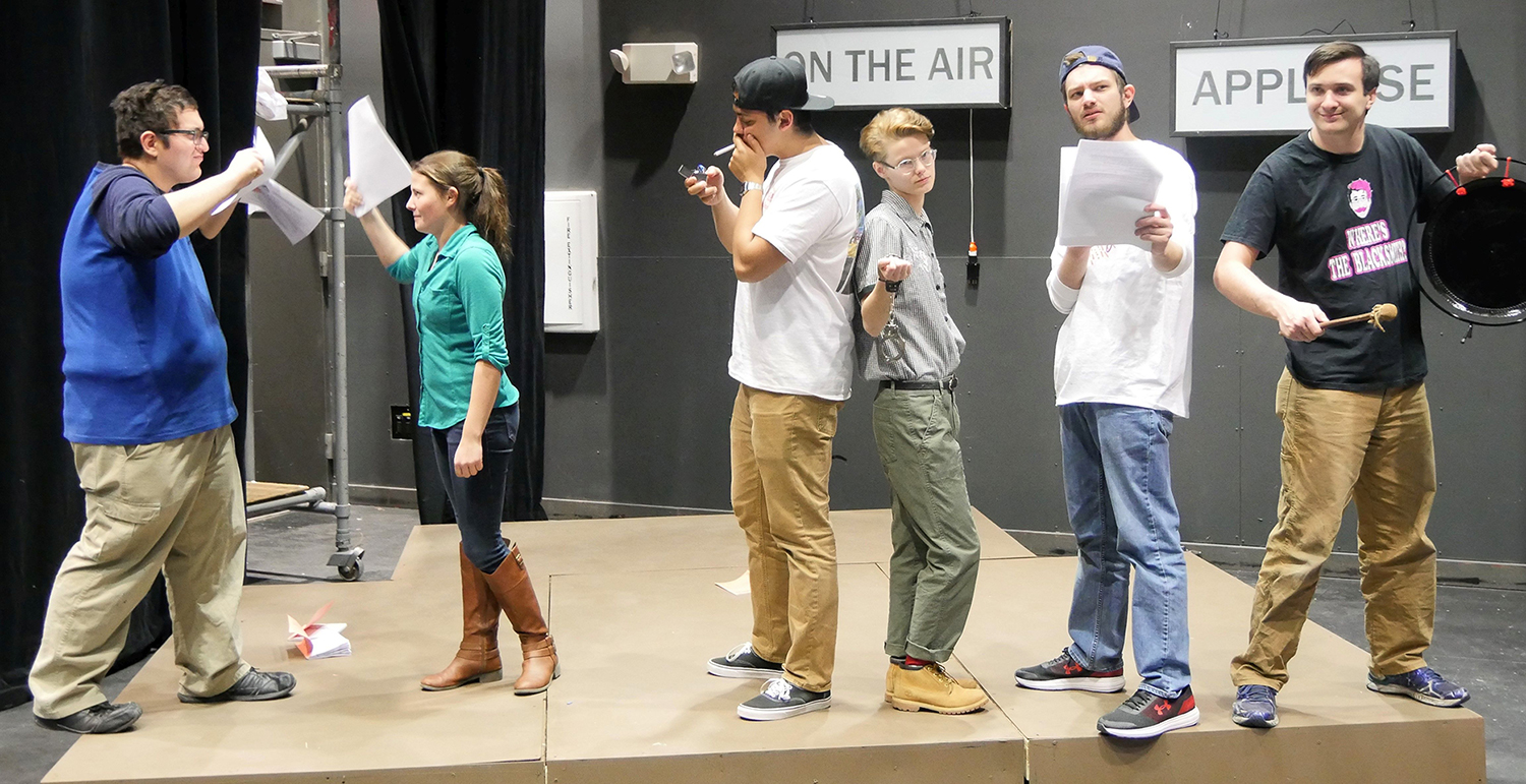 theatre students rehearse The 39 Steps: A Live Radio Play
