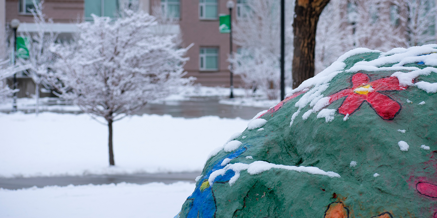 Adams State north campus with painted rock