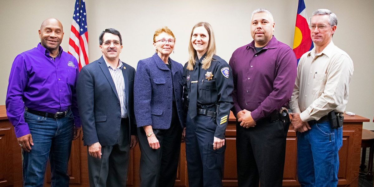 Alamosa Mayor Ty Coleman, Vice President for Student Services Ken Marquez, Adams State University President Cheryl Lovell, Erika Deouin, Adams State Police Officer Nathanial Rael, and Alamosa