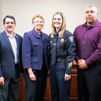 Alamosa Mayor Ty Coleman, Vice President for Student Services Ken Marquez, Adams State University President Cheryl Lovell, Erika Deouin, Adams State Police Officer Nathanial Rael, and Alamosa