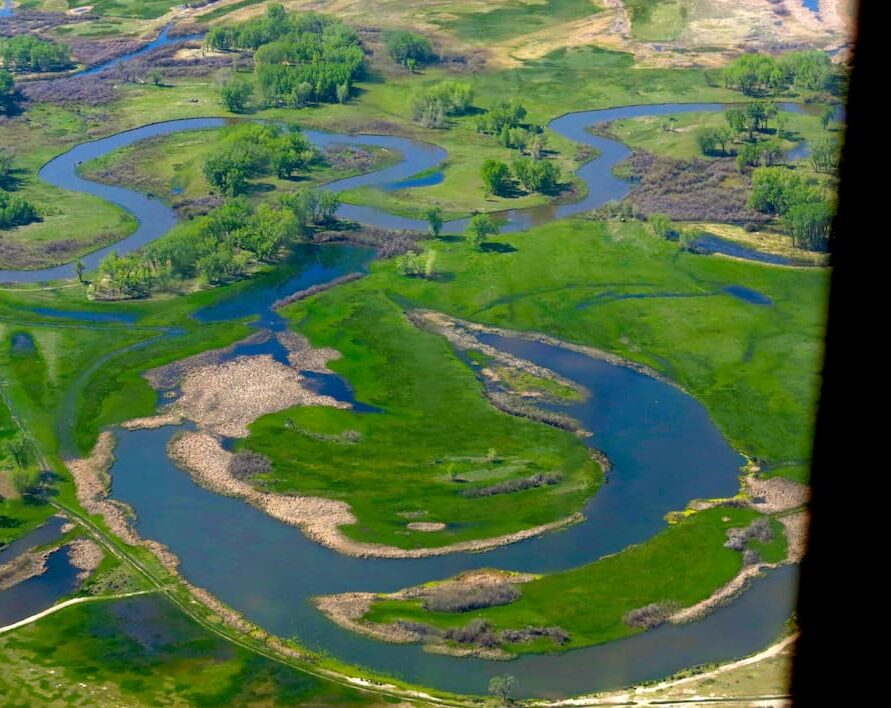 Rio grande snakes through a landscape as seen by a plane