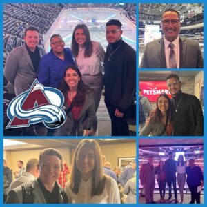 Various shots of Sports Management students and professor at Colorado Avalanche hockey game.