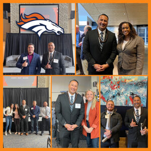 Various shots of Sports Management students and professor at Denver Broncos offices hockey game.