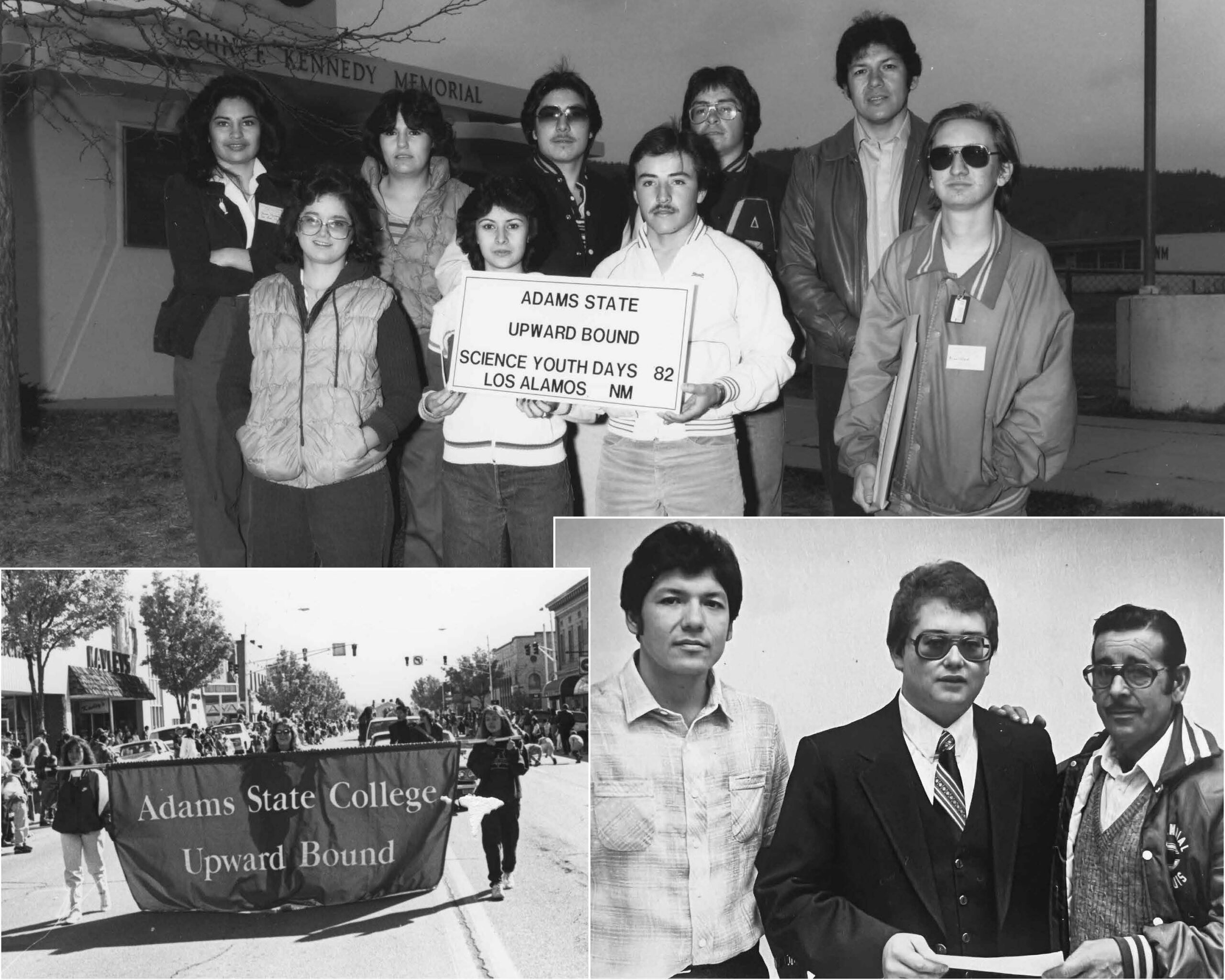 A collage of black and white photos of Adams State Upward Bound students through the years, including one group with a sign that says "Adams State Upward Bound Science Youth Days 82 Los Alamos NM" and another group marching in a parade with a banner that says "Adams State College Upward Bound"
