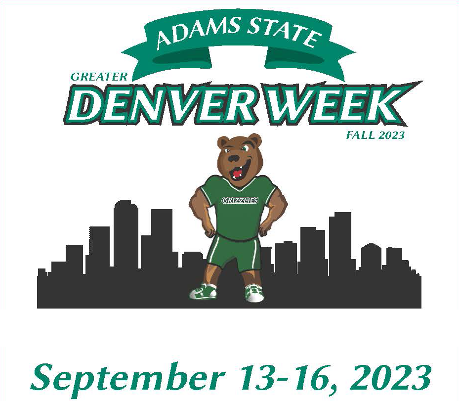 Adams State Greater Denver Week Fall 2023 September 13-16-2023. A cartoon bear towers over a silhouetted city skyline. 