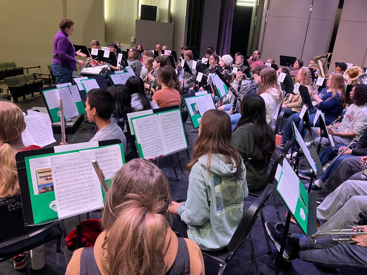 Students rehearse in an orchestra.