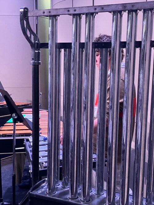 A percussionist rehearses while seen through a vertical set of chimes or tubular bells. 