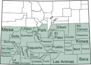 A map of Colorado showing all the counties with a green line around the southern half of the state showing the counties covered by the Adams State Promise.