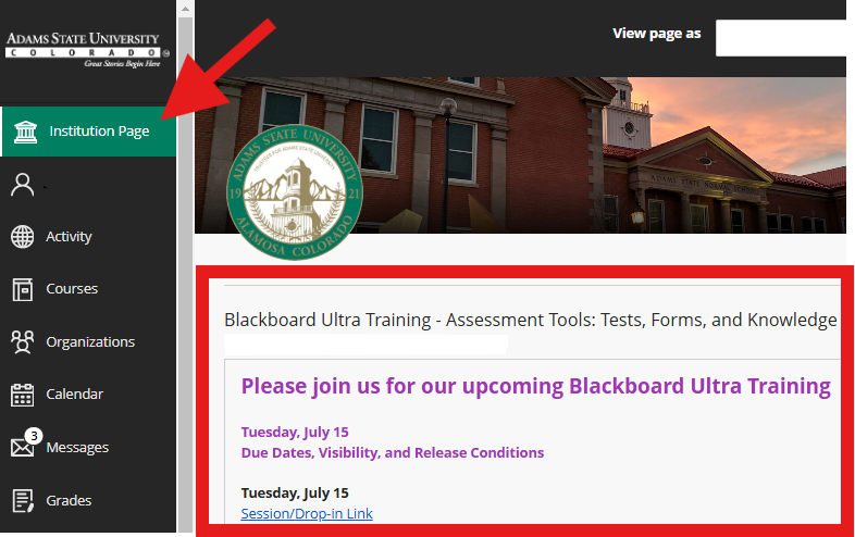 Institution Page is the top menu item in the left global menu when first logging into Blackboard. To the right, users can scroll to see training session information and recordings.