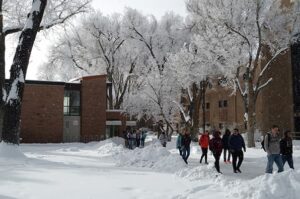 Adams State University Snow Campus with students walking