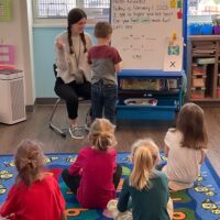 teacher and students in elementary school classroom