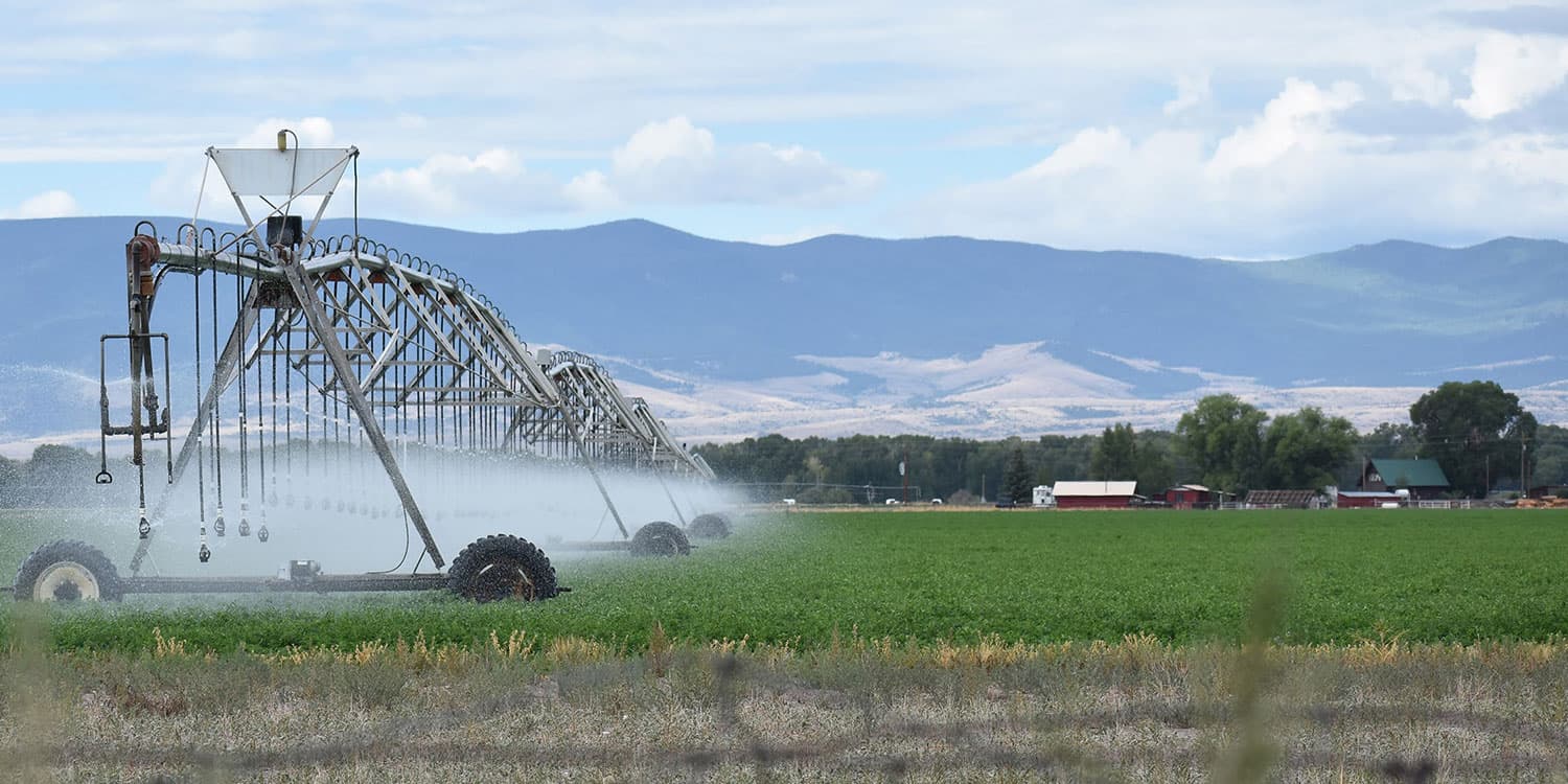 San Luis Valley Colorado Potato Farm with sprinkler