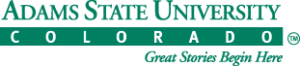 Adams State University logo. The words "Adams State University" appear in green serif font above a solid green horizontal bar containing the word "COLORADO" in white, spaced-out block letters. The tagline "Great Stories Begin Here" is written in green italics at the bottom right.