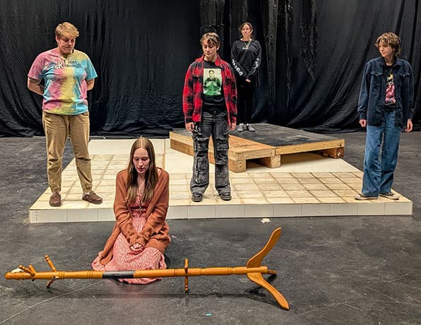 Adams State University Theatre Production Prognosis for a Bald Rapunzel rehearsal with five actors on stage