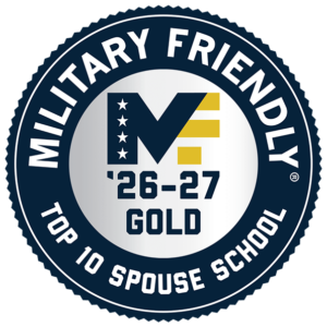 Military Friendly Gold 26-27 Top 10 Spouse School text on Military Friendly badge