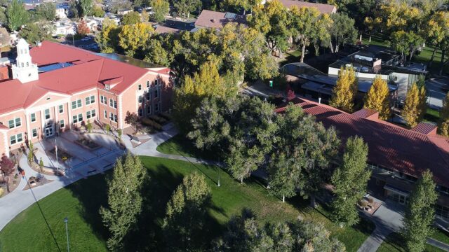 Adams State University aerial photo of Richardson Hall and south campus
