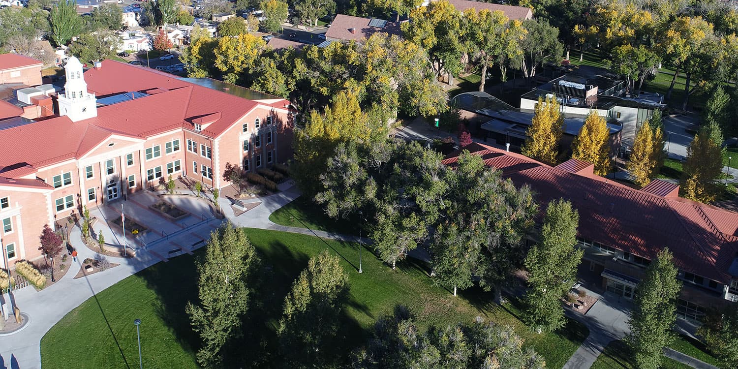 Adams State University aerial photo of Richardson Hall and south campus