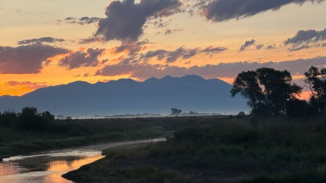 Mt. Blanca and Rio Grande at sunrise in July at the Alamosa Riparian Park