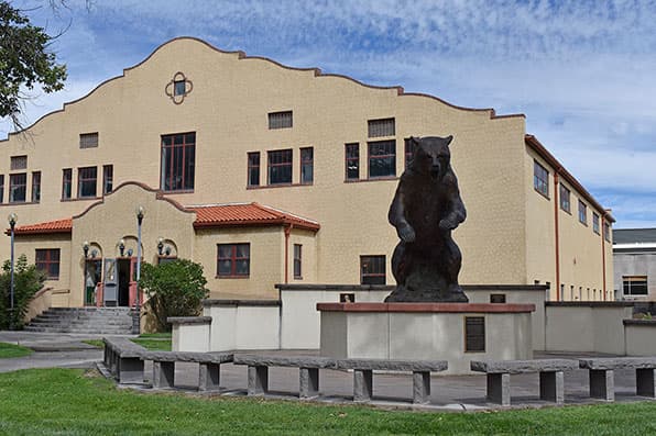Adams State University Rex Activity Center & Old Mose, bronze sculpture of grizzly mascot