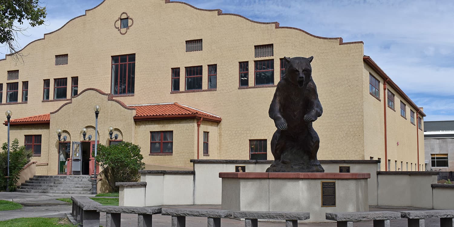 Adams State University Rex Activity Center and Old Mose, a bronze sculpture of the grizzly mascot