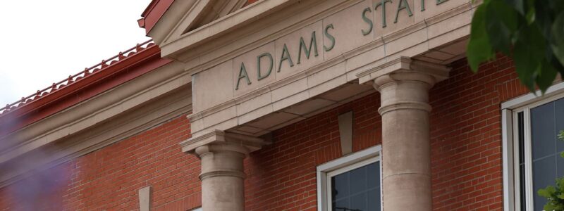 Adams State University Richardson Hall front entablature with words "Adams State"