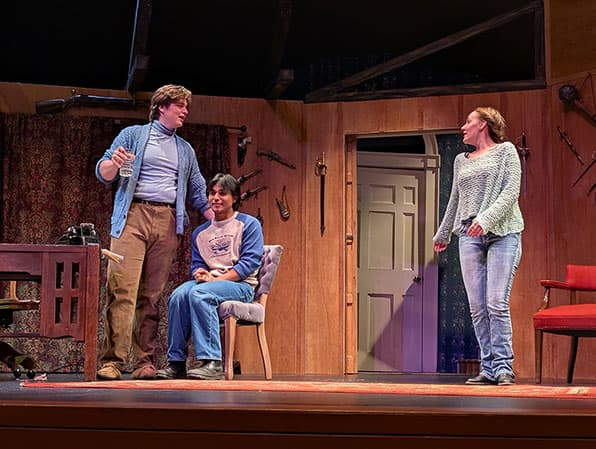 Chaz Childress as Sidney Bruhl; Javier Rodriguez as Clifford Anderson and Grace Dunn as Myra Bruhl, rehearse for Deathtrap.